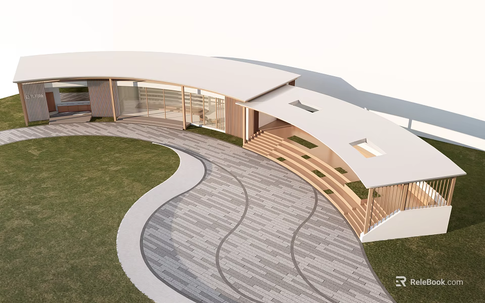 Modern Post Station Featuring Curved Roof Wooden Structure Lawn Stone Path And Rest Benches 3d model