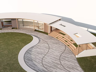 Modern Post Station Featuring Curved Roof Wooden Structure Lawn Stone Path And Rest Benches 3d model