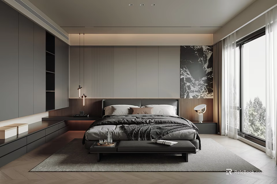 Modern Bedroom Interior With Large Bed Gray Tones Built-in Wardrobe And Area Rug 3d model 