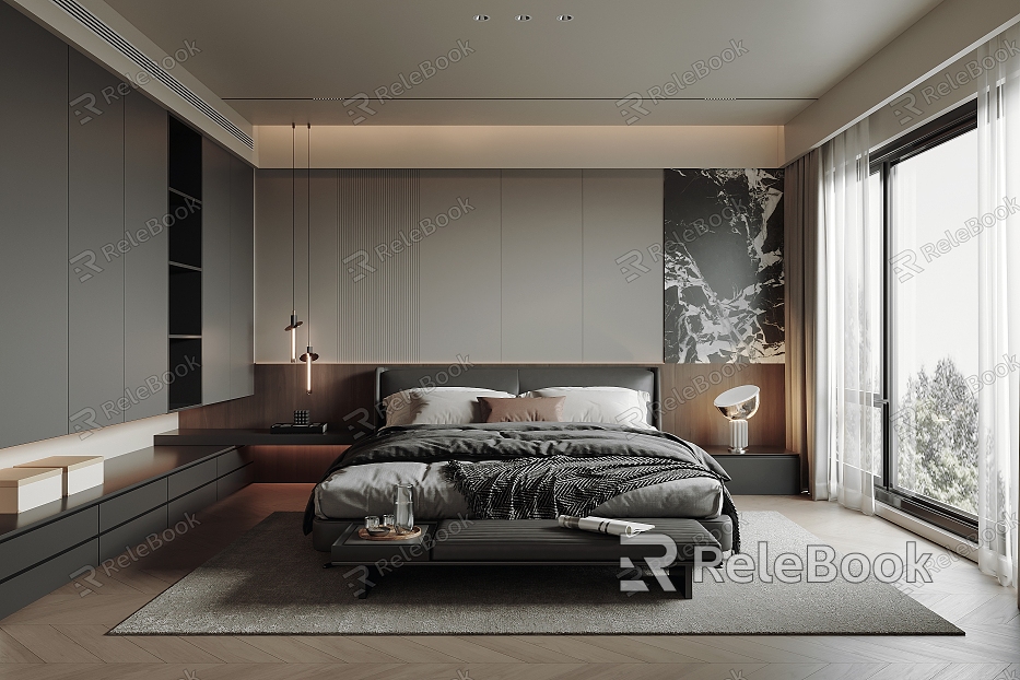 Modern Bedroom Italian Bedroom Leather Bed Black Leather Bed Chandelier Table Lamp Curtain model