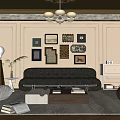 Elegant Living Room Interior With Framed Artworks Chandelier And Black Leather Sofa