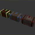 Three Vintage Wooden Trunks With Different Colors And Metal Decorative Straps
