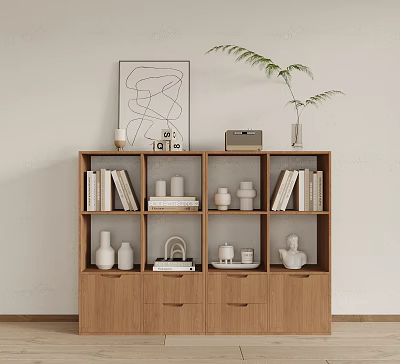 Minimalist Wooden Bookcase With Books Decorative Vases Sculptures Candles And Fern Plant Under Abstract Art 3d model