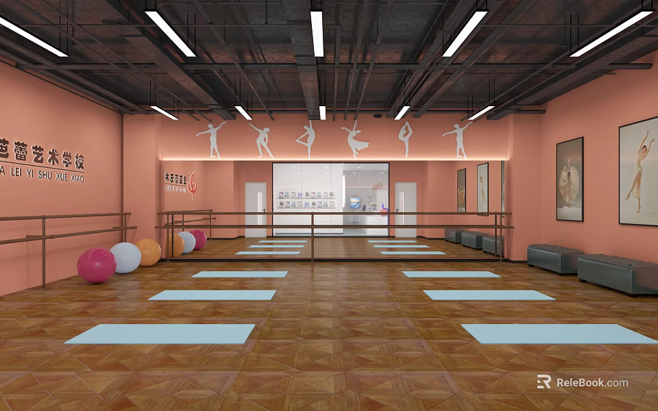 Fitness Studio With Yoga Mats Fitness Balls Barres Mirrors And Dance Decor On Wooden Floor 3d model 