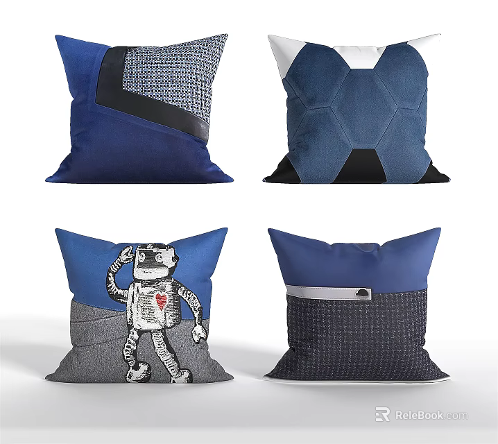Blue Gray Decorative Throw Pillows With Geometric Patterns Robot Print And Patchwork Design 3d model