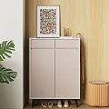 Modern Light Grey Shoe Cabinet With Colorful Photo Frame Umbrella And Green Plant