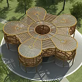 Outdoor Roadside Wooden Canopy Structure With Pedestrian Observation Deck And Green Grassland Surrounding Trees