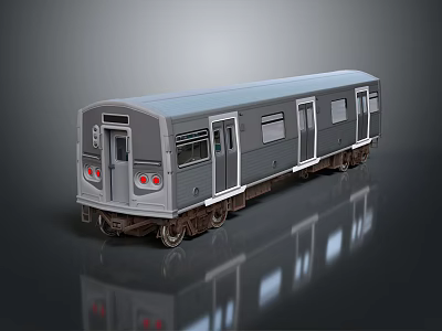 Gray Train Carriage With Windows Doors And Wheels On Reflective Surface 3d model