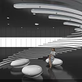 Modern Leisure Area With Curved Illuminated Steps White Circular Seats And Blue Lighting