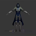 Hooded Armored Character In Blue And Silver Armor With Outstretched Arms And Weapons At Feet