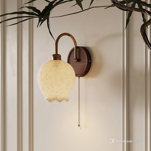 Vintage Brass Wall Lamp Interior Design With Wooden Base And Soft Lighting Shade 3d model 