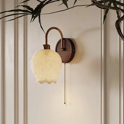 Vintage Brass Wall Lamp Interior Design With Wooden Base And Soft Lighting Shade 3d model