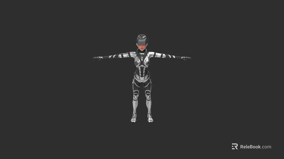 Woman In Futuristic Mechanical Suit With Arms Outstretched On Black Background 3d model 