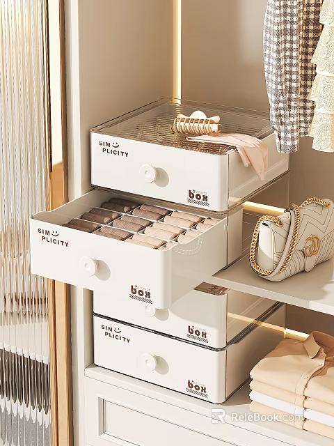Neatly Organized Wardrobe Interior With Sun Plety Labeled Drawers And Clothing Storage 3d model 