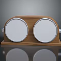 Wooden Base Decorative Item With Two Circular White Panels And Silver Edges