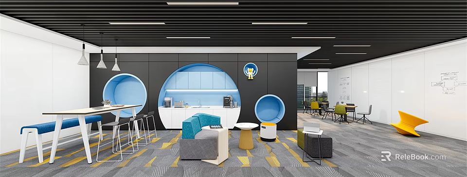Modern Lounge Area Interior With Blue Round Seats Gray Sofas And Yellow Accent Tables 3d model