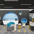 Modern Lounge Area Interior With Blue Round Seats Gray Sofas And Yellow Accent Tables 3d model