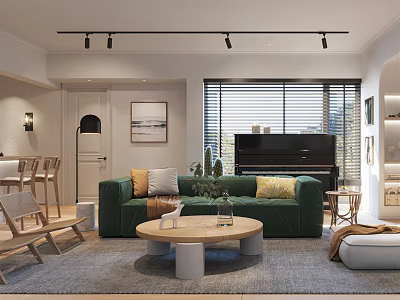 Living and Dining Room Interior With Green Sofa Round Coffee Table Piano And Blinds 3d model