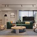 Living and Dining Room Interior With Green Sofa Round Coffee Table Piano And Blinds