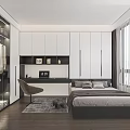 Modern Tatami Bedroom Interior With White Wardrobes Desk Chair And Window Curtains