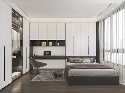 Modern Tatami Bedroom Interior With White Wardrobes Desk Chair And Window Curtains 3d model