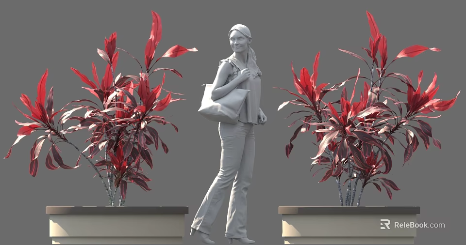 Woman Statue Standing Between Vibrant Red Leaf Plants In Stone Planters 3d model 