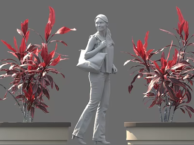 Woman Statue Standing Between Vibrant Red Leaf Plants In Stone Planters 3d model