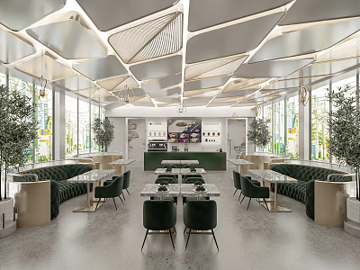 Modern Dessert Shop Interior With Bright Lighting Green Seats And Olive Trees 3d model