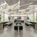 Modern Dessert Shop Interior With Bright Lighting Green Seats And Olive Trees