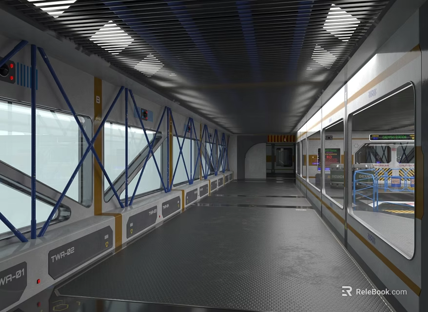 Industrial Factory Interior With Long Corridors Metal Frames Glass Windows And Metal Flooring 3d model 