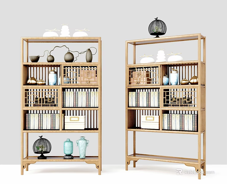Wooden Shelving Unit With Multiple Tiers For Decorative Vases Books And Woven Baskets 3d model 