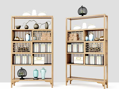 Wooden Shelving Unit With Multiple Tiers For Decorative Vases Books And Woven Baskets 3d model