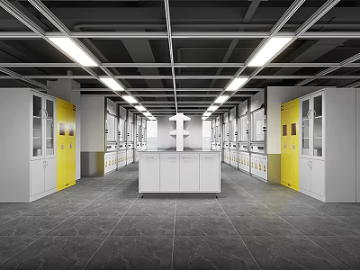 Modern Laboratory Interior With White Cabinets Yellow Doors And Central Bench 3d model