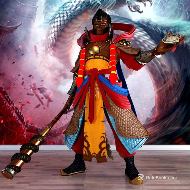 Game Movie Character In Ornate Red Yellow Blue Costume With Dragon Patterns And Staff 3d model 
