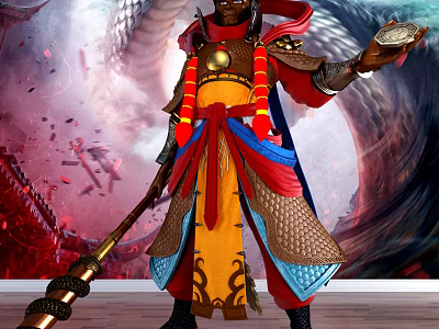 Game Movie Character In Ornate Red Yellow Blue Costume With Dragon Patterns And Staff 3d model