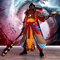 Game Movie Character In Ornate Red Yellow Blue Costume With Dragon Patterns And Staff