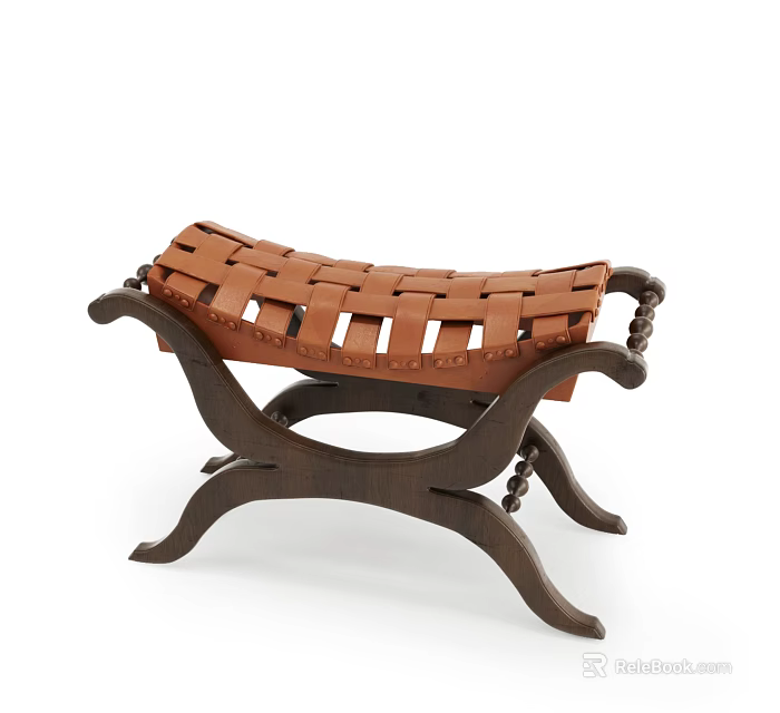 Retro Curved Dark Wood Stool With Woven Brown Leather Seat For Classic Home Interior 3d model 