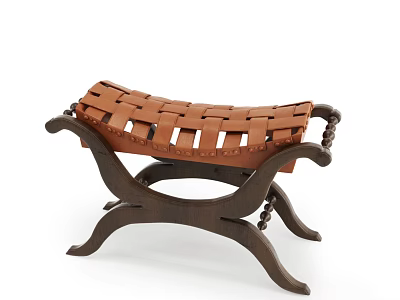 Retro Curved Dark Wood Stool With Woven Brown Leather Seat For Classic Home Interior 3d model
