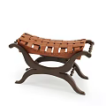 Retro Curved Dark Wood Stool With Woven Brown Leather Seat For Classic Home Interior