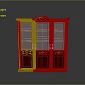 Red Wooden Cabinet with Glass Doors Ornate Top and Decorative Paneled Design