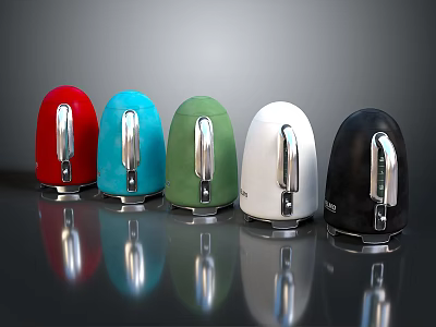 Assorted Colored Electric Kettles with Silver Handles on Reflective Surface 3d model