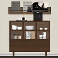 Modern Wooden Sideboard with Glass Doors Shelf and Books Photos Coffee Machine Bowls Plates Inside