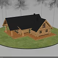Wooden Log Cabin Exterior Design With Black Roof Chimney Green Lawn Porch And Windows