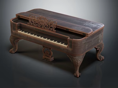 Vintage Wooden Musical Instrument Piano with Ornate Carvings Classic Design and White Keys 3d model