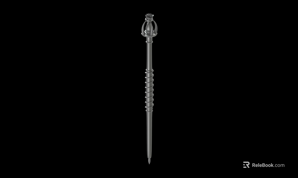 Silver Decorative Long Pole Weapon With Spiral Pattern And Ornate Top 3d model 