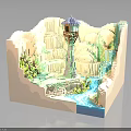 Intricate Terrain Model Featuring Central Tower Waterfalls Flowing River And Green Vegetation