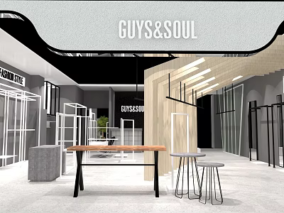Guys and Soul Modern Clothing Store Interior with Display Racks Wooden Table and Stools 3d model
