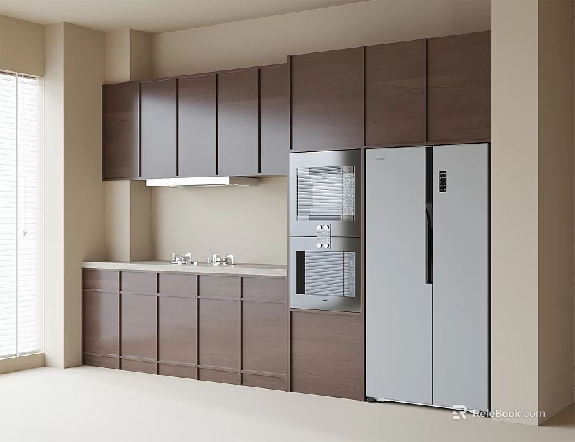 Dark Wood Kitchen Cabinets With Upper And Lower Storage Silver Refrigerator Oven And Sink 3d model 