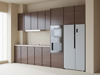 Dark Wood Kitchen Cabinets With Upper And Lower Storage Silver Refrigerator Oven And Sink 3d model