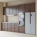 Dark Wood Kitchen Cabinets With Upper And Lower Storage Silver Refrigerator Oven And Sink